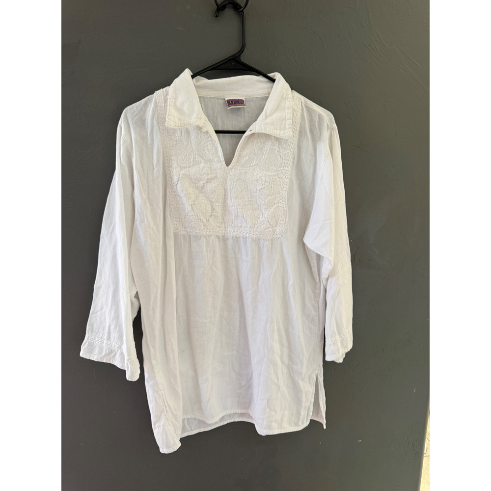 Eucalyptus White Cotton Embroidered Handcrafted Tunic Blouse Guatemala Womens M